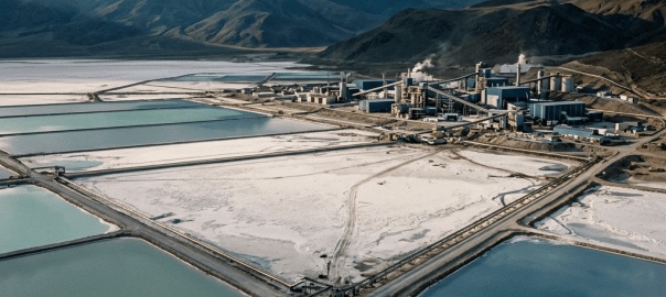 Cinematic lithium mining landscape with salt flats